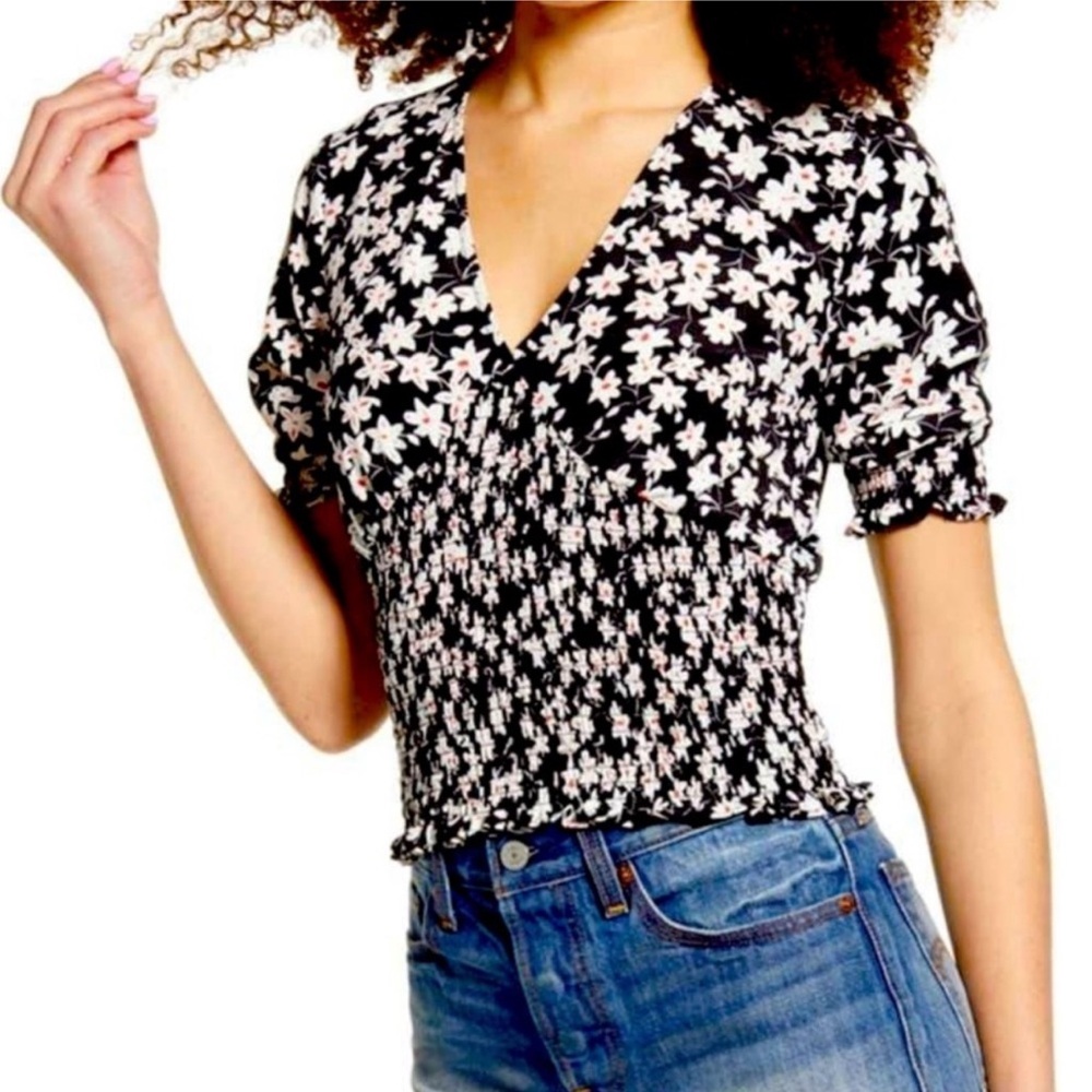 Nordstrom Leith Black and White Smocked Blouse